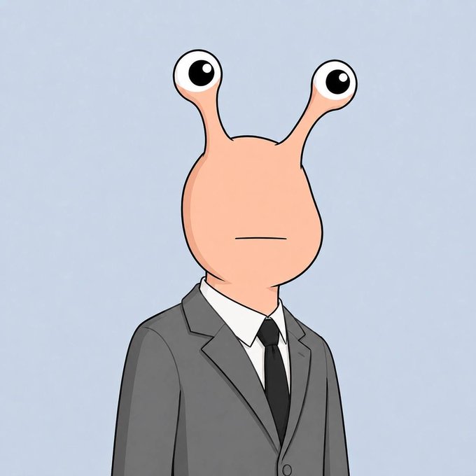 An illustration of a snail-headed character wearing a formal grey suit, white shirt, and black tie.