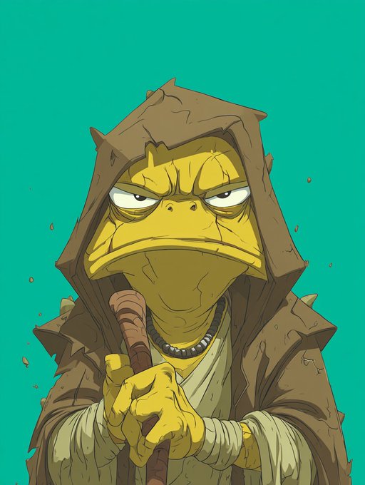 An animated, cartoon-style illustration shows a grumpy-looking yellow reptilian or frog-like character wearing a tattered brown hooded robe, gripping a wooden staff against a teal background.