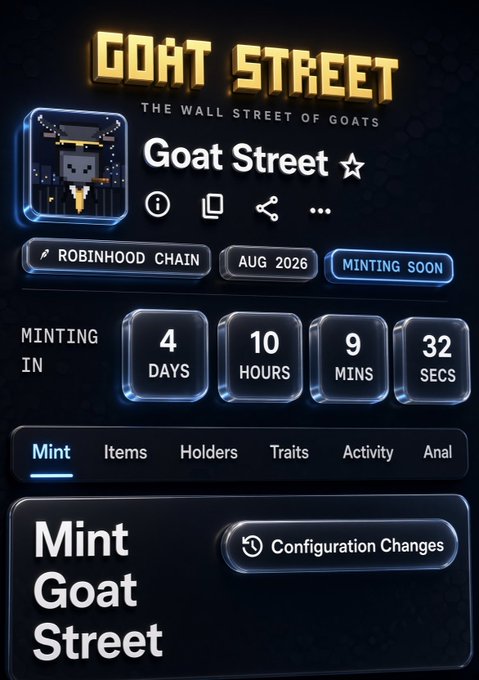 A countdown page for the "Goat Street" NFT collection launching on Robinhood Chain in August 2026, currently showing 4 days, 10 hours, 9 minutes, and 32 seconds until minting begins. The image relates to the post by displaying the official Cashmere Labs free mint eligibility checker page for the upcoming "GOAT STREET" collection.