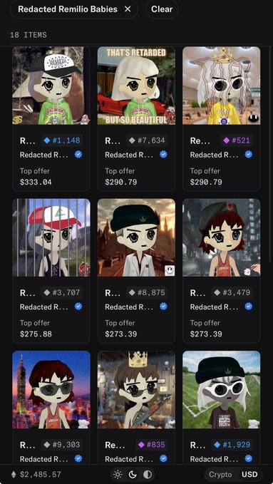 A mobile screen displaying a marketplace search for 'Redacted Remilio Babies' showing 18 NFT items with various top offer prices ranging from $273 to $333.