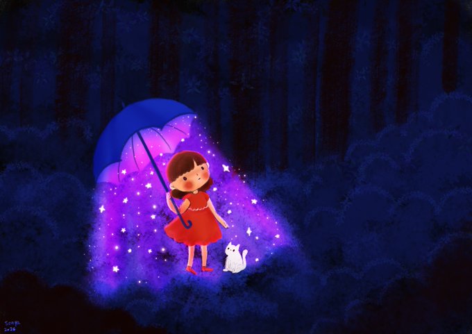 A little girl in a red dress holds a blue umbrella that releases a cascade of glowing purple and white stars into a dark forest, accompanied by a small white cat. The whimsical, dreamy artwork complements the artist's uncertainty about minting their second piece on the platform despite their first not yet receiving a bid.