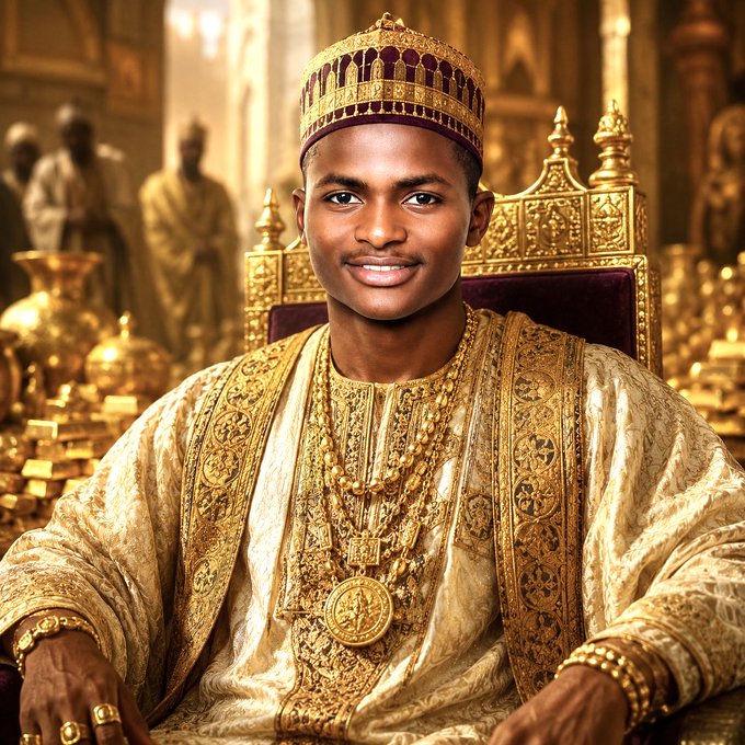 A young man wearing elaborate gold jewelry, a regal crown, and ornate traditional robes sits on an intricately designed throne surrounded by gold treasures, evoking the legendary wealth and royalty of Mansa Musa. The image visually reinforces the post's theme of reviving the legacy of Mansa Musa through the "$Musa" token, symbolizing immense wealth and a multi-billion-dollar ambition.