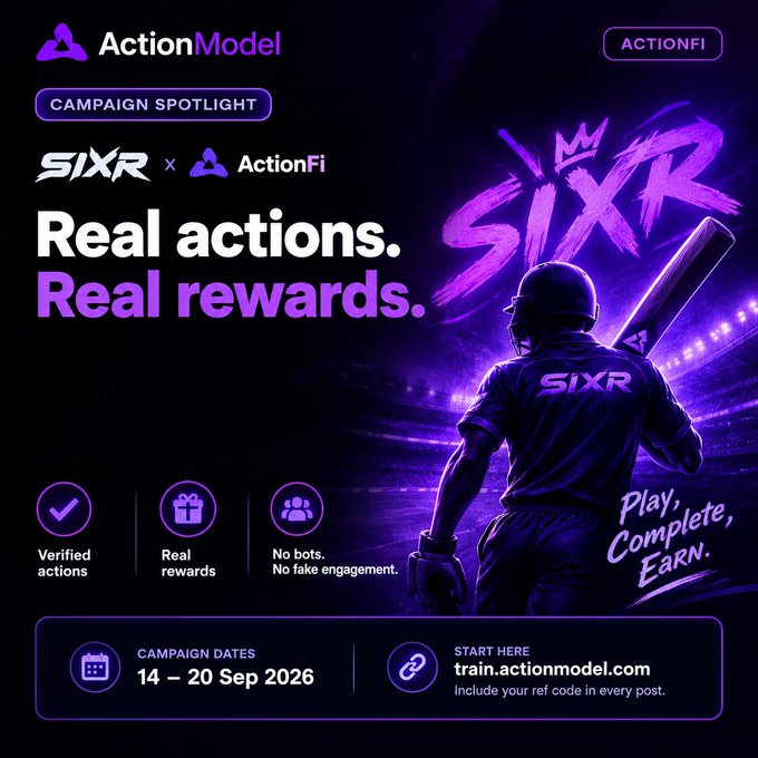 A purple-themed promotional graphic for "ActionModel × ActionFi" campaign titled "Real actions. Real rewards." featuring SIXR branding, with campaign dates 14-20 Sep 2026 and start URL train.actionmodel.com.