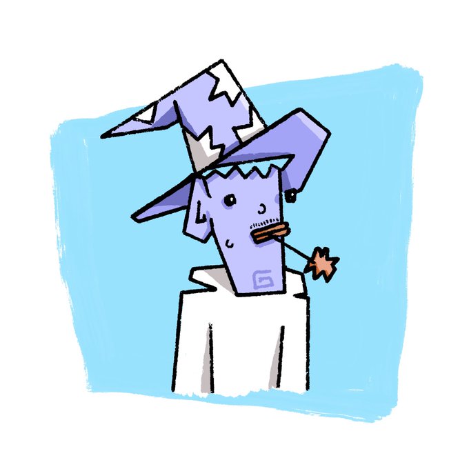 A cartoon-style illustration of a purple, blocky character with star-shaped hats and a small orange beard, holding a star wand against a light blue background.
