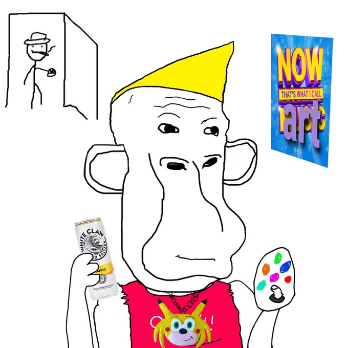 A crude MS Paint-style drawing of a bald figure with a yellow hat holding a "White Claw" can and a colorful controller, with a "NOW That's What I Call Art" album cover and a stick figure sketch in the background.