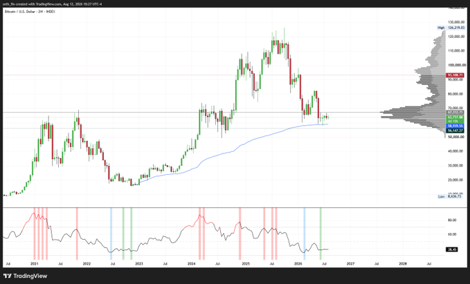 A TradingView chart of BTC/USD on a 2W timeframe shows Bitcoin's price action from 2021 through 2026, with a blue 200-week moving average and a volume profile on the right highlighting an accumulation shelf around $65,000-$72,000 that aligns with the 2021 cycle top, accompanied by an RSI indicator below displaying bullish divergence with green bullish signals. The chart visually supports the post's claim of a "2W Bullish Divergence on the Accumulation Volume Shelf," with the price recently retesting this key volume shelf.