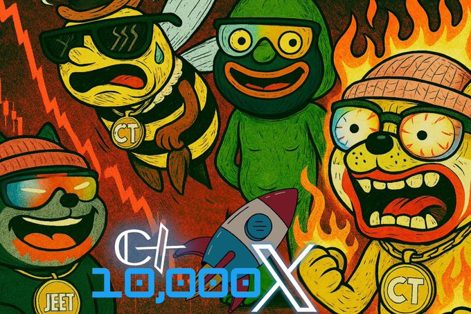 A colorful cartoon illustration featuring various dog and monster characters with the prominent "CT 10,000X" text and rocket imagery, likely celebrating a milestone.