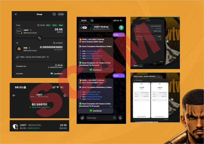 The image features an advertisement for a cryptocurrency called USDT (Universal Cryptocurrency token). The advertisement displays various screenshots of the cryptocurrency trading app, showcasing its features and benefits. It also includes a screenshot of a fake $USDT token being sent out by a bot, which is intended to deceive users into thinking they are receiving real currency in exchange for their tokens. The post warns people about this scam, cautioning them not to fall for it and providing information on how to identify such schemes.