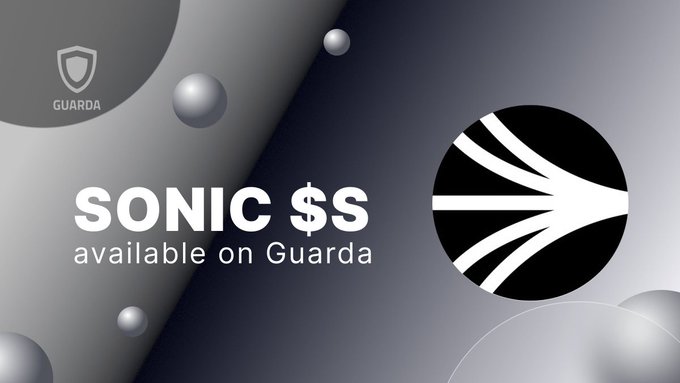 A promotional graphic for Guarda wallet announcing 'SONIC $S available on Guarda' with a black and white Sonic logo on a gray background with spherical elements.
