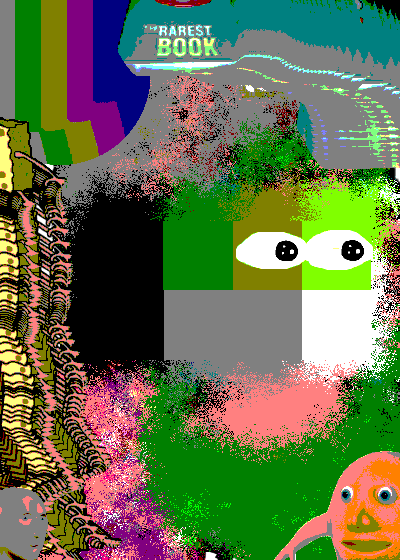The image features a collage of various images, including a green square with two eyes, an orange fish, and a pink and black striped object. The text "rarest book" appears multiple times throughout the image, suggesting that this might be related to a book or series. The post also includes a reference to a character named "Can you dream the pepe?". This could be interpreted as a playful or whimsical connection between the collage elements and the title of the post.