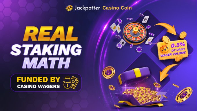 A promotional graphic for 'Jackpotter Casino Coin' features bold text reading 'REAL STAKING MATH FUNDED BY CASINO WAGERS' alongside a roulette wheel, playing cards, poker chips, and a treasure chest overflowing with gold coins, with a badge indicating '0.5% OF DAILY WAGER VOLUME'.