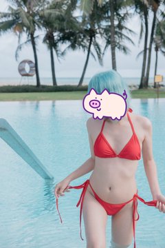 A photo of a person with light blue hair wearing a red bikini standing by a swimming pool with palm trees in the background, with a cartoon pig sticker covering their face.