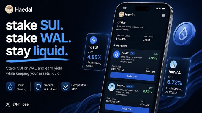 An advertisement for 'Haedal' cryptocurrency staking platform with the text 'stake SUI. stake WAL. stay liquid.' showing APYs of 4.85% for haSUI and 6.72% for haWAL, with a phone displaying the app interface.