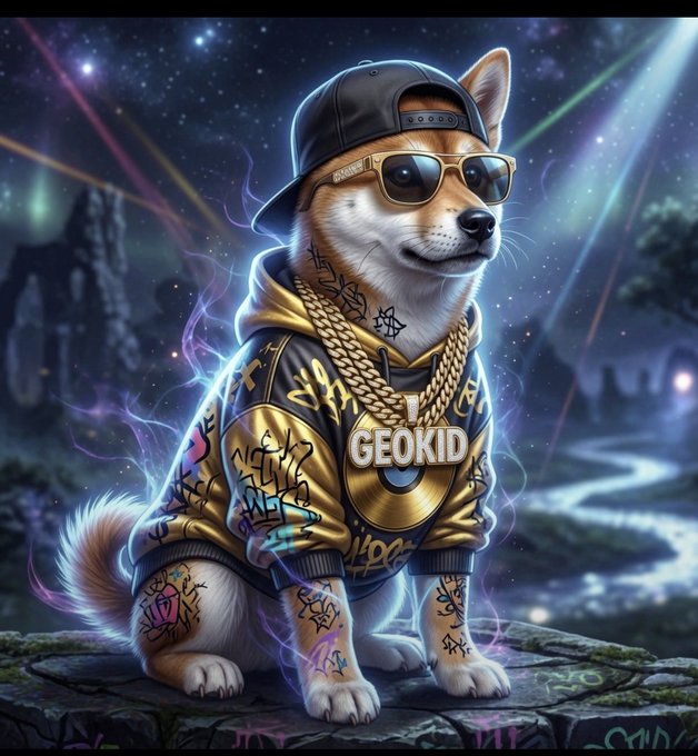 A digital illustration of a Shiba Inu dog wearing sunglasses, a backwards cap, gold chain, and a gold hoodie with 'GEOKID' medallion, set against a cosmic, graffiti-covered background.