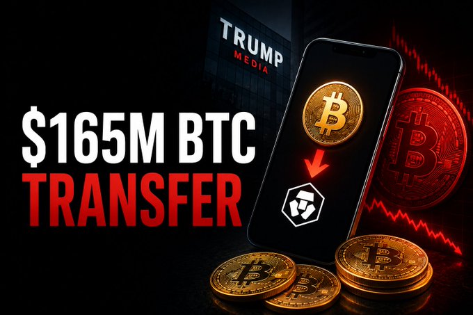 A promotional graphic reading '$165M BTC TRANSFER' next to a smartphone showing a Bitcoin coin transferring to a Crypto.com logo, with Trump Media and a falling red chart in the background.