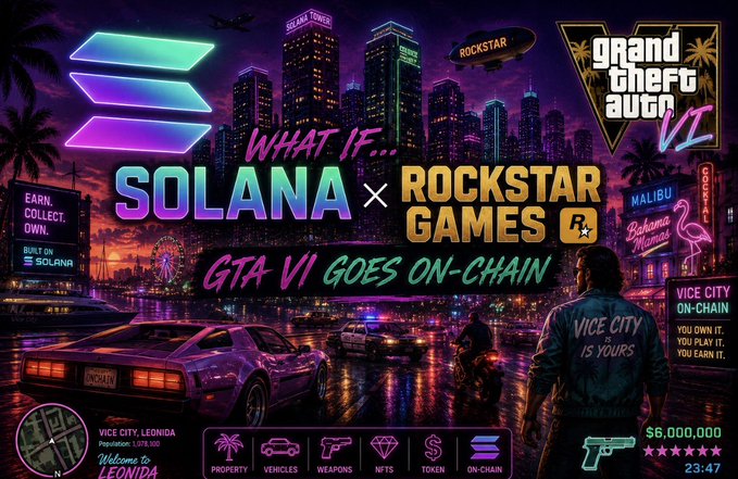 The image features a poster for a video game called "Rockstar: Galaxy of Solana". The poster includes a cityscape with neon lights and buildings, as well as a man standing next to a car. The text on the poster suggests that there is a connection between gaming, digital ownership, AI agents, creator economies, and real-time payments. It seems like an interesting thought experiment or concept related to the video game industry.