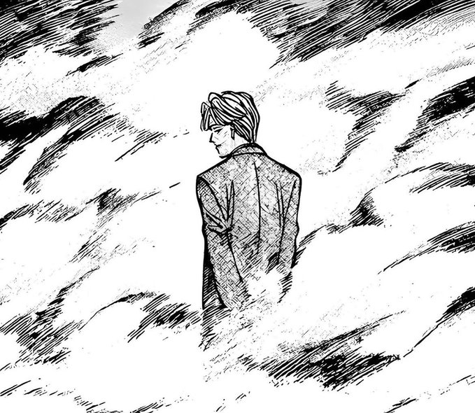 A black and white sketch of a person viewed from behind, standing alone amidst sweeping, abstract lines that suggest a windy or ethereal environment.