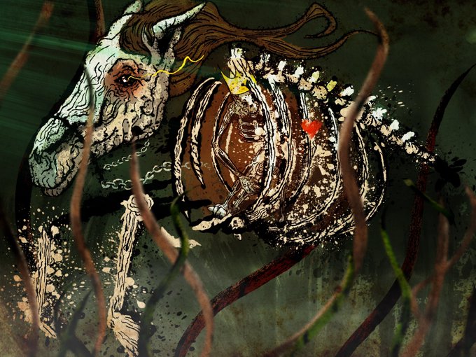 A gritty digital painting depicting a skeletal horse and rider fused into a sphere, set against a dark, textured background with thorny vines in the foreground.