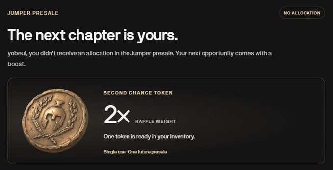 A user shares that they didn't receive an allocation in the Jumper Presale on Republic, but are offered a Second Chance Token giving them a 2x raffle weight for one future presale. The image complements the post by showing the official message confirming "No Allocation" status alongside the consolation reward token.