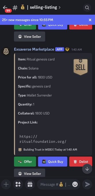 A Discord marketplace listing from 'Exsaverse Marketplace' for a 'Ritual genesis card' on the Solana chain, priced at 1800 USD with wallet surrender type.
