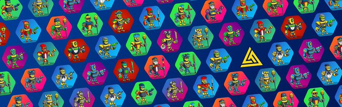A colorful repeating pattern of hexagonal tiles featuring cartoon-style robot or alien characters, with a gold triangular logo in the center.