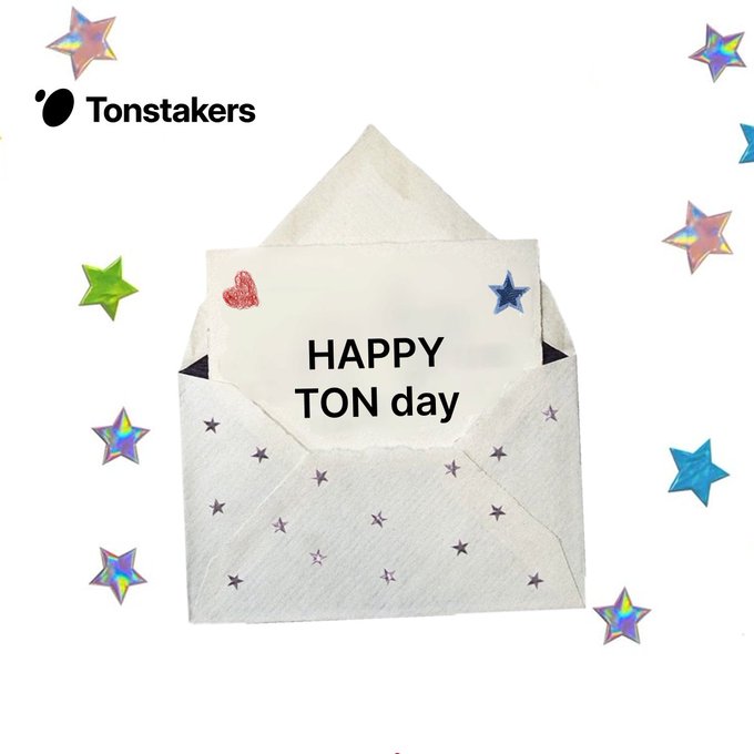 The image features an envelope with a birthday card inside, surrounded by colorful stars. The text "Happy TON day" is written on the envelope, indicating that it's a celebration of someone's birthday. The envelope has been opened, revealing its contents - a birthday card and some stars. The post also mentions that there are three winners who have received gifts from the sender.