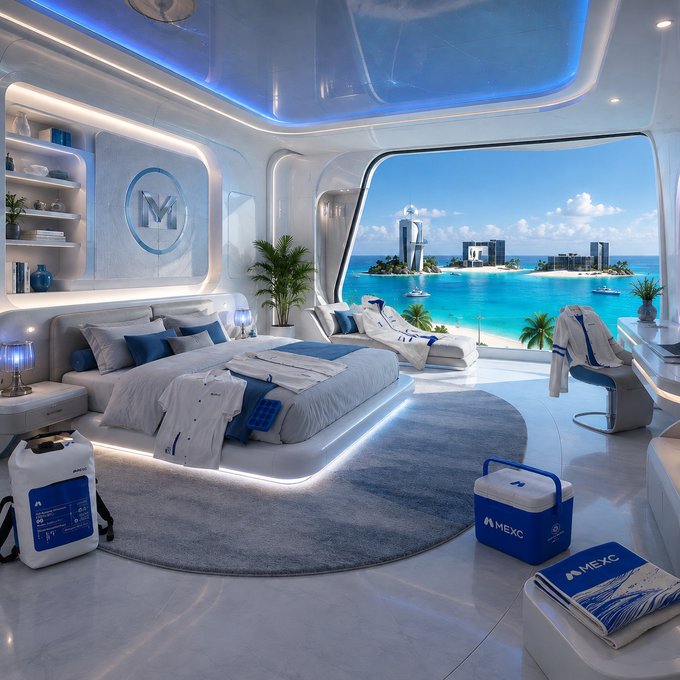 A futuristic, luxurious white bedroom with a large ocean-view window features MEXC-branded accessories including a cooler bag and pillow.