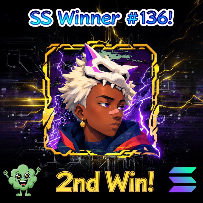 A digital "SS Winner #136!" graphic celebrates a 2nd win, featuring a stylized anime character wearing a dragon skull mask set against a purple and yellow lightning background, with a green clover mascot in the corner.