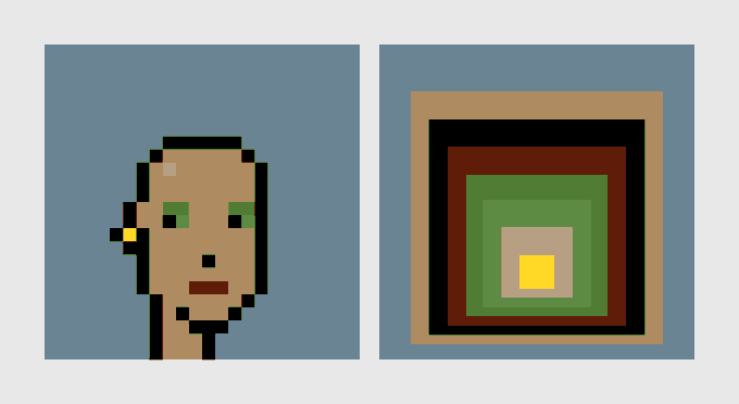 A pixel art composition split into two panels: the left shows a side profile of a character with green eyes and a yellow earring, while the right displays concentric squares in earthy tones with a yellow center.