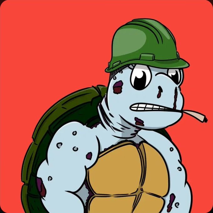 A cartoon zombie turtle wearing a green military helmet, smoking a cigarette, with a grimacing expression against a red background.