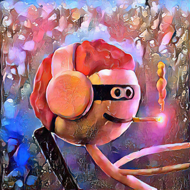 A surreal, painted-style image features a character with red hair, large round headphones, and a black eye mask, smoking a cigarette while reading a book against a vibrant, colorful background.