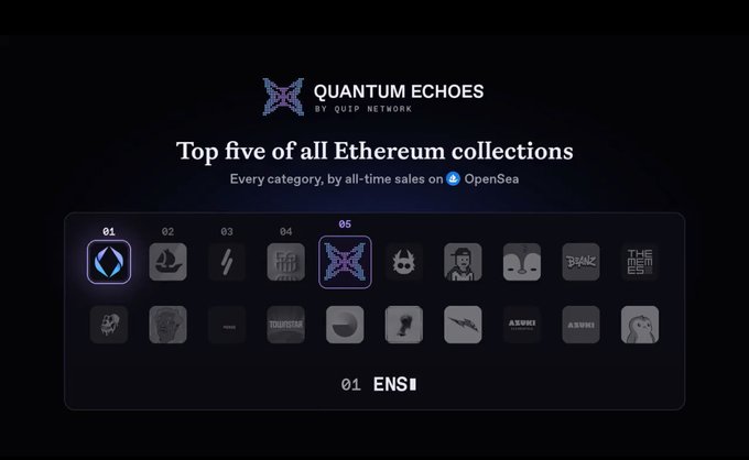 A digital graphic titled 'QUANTUM ECHOES BY QU1P NETWORK' displaying the 'Top five of all Ethereum collections' by all-time sales on OpenSea, with ENS highlighted as #01.