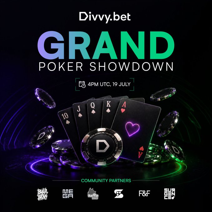 A promotional poster for the 'Divvy.bet GRAND POKER SHOWDOWN' scheduled for 4PM UTC on July 19, featuring poker cards and chips with community partners listed below.
