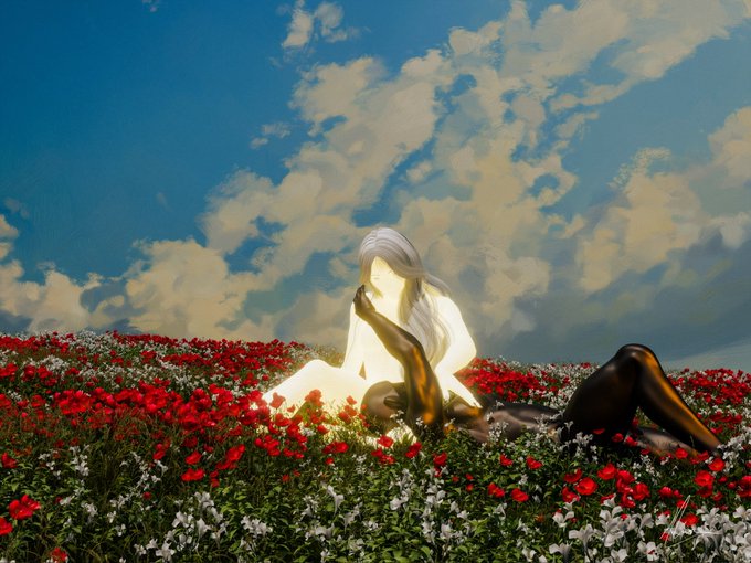 A digital artwork depicting a figure with flowing white hair sitting in a vibrant field of red and white flowers under a cloudy blue sky.