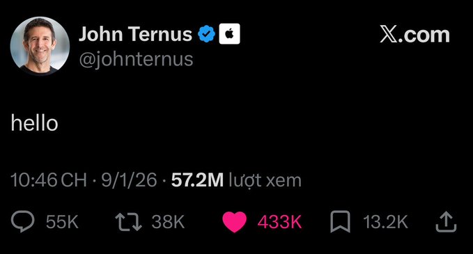 A screenshot of an X.com post by John Ternus (@johnternus, verified) simply saying "hello," with 57.2M views, 433K likes, and a timestamp of 9/1/26.