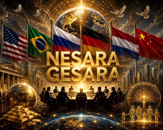 A dramatic, AI-generated-style illustration featuring the word "NESARA GESARA" in large gold letters, surrounded by global imagery including Earth, flags of multiple nations (USA, Brazil, Russia, Germany, Netherlands, China), doves, gold bars, a city skyline, and figures gathered around a glowing table.