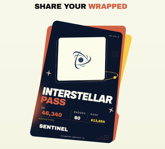 An 'Interstellar Pass' digital card from inception_daachain.io showing OE of 46,340, 60 badges, rank #13,554, and Sentinel archetype under a 'SHARE YOUR WRAPPED' header.