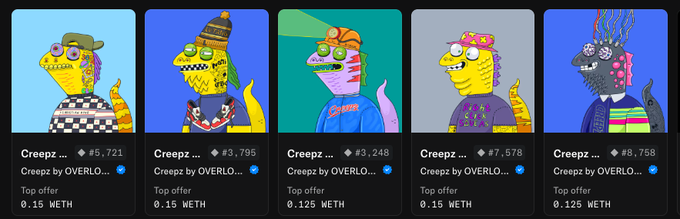 Five NFT profile pictures from the 'Creepz by OVERL...' collection displayed with varying ETH prices as top offers, ranging from 0.125 to 0.15 WETH.