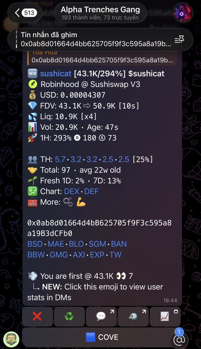 A screenshot of a Telegram group chat in "Alpha Trenches Gang" showing a crypto contract tracker alert for the token "$sushicat" deployed on Sushiswap V3, displaying metrics like a 43.1K market cap (up 294%), 25% buy ratio, and 5-7-3.2-3.2-2.5-2.5 token holder distribution, with the caption "You are first @ 43.1K." The post celebrates this as a first token deploy call made via @pools_dot_fun, sharing the contract address 0x0ab8d01664d4BB625705f9F3c595a8a19B3dCFb0 and congratulating the deployer.