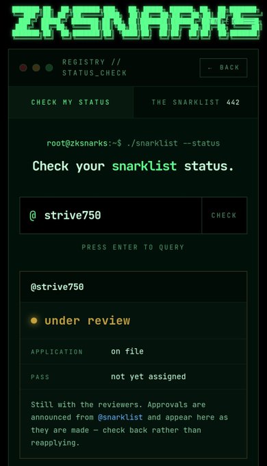 A mobile interface for 'ZKSNARKS' displays a 'REGISTRY // STATUS_CHECK' screen where the handle '@strive750' is shown with an 'under review' status and 'on file' application.