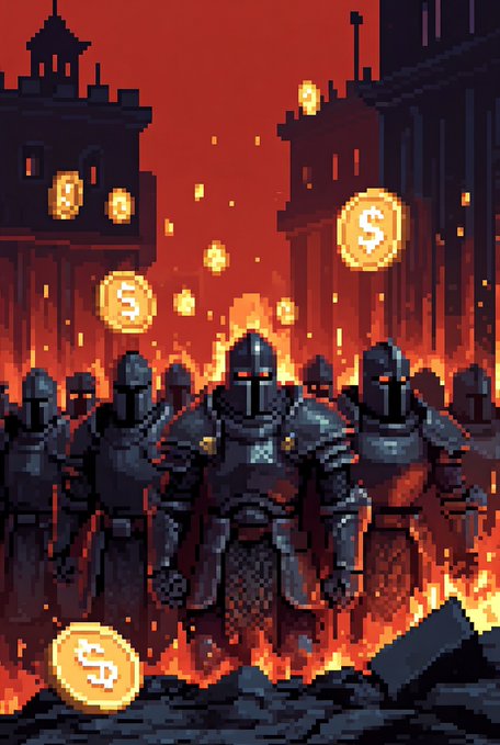 A pixel art illustration shows a legion of armored knights with glowing red eyes marching through a fiery, ruined landscape as gold coins bearing the dollar sign ($) rain down around them. The imagery aligns with the post's theme of reward-based contribution, depicting members of the @IronAllies_ network as a disciplined army earning tangible value through their actions in the ecosystem.
