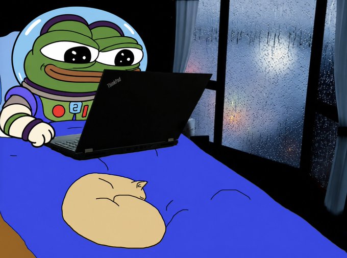 An animated cartoon features a frog character wearing a space helmet and using a ThinkPad laptop while sitting on a bed next to a sleeping cat, with condensation visible on the window.