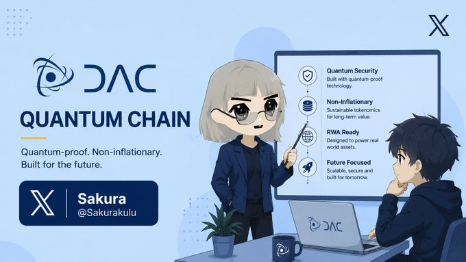 Promotional graphic for 'DAC QUANTUM CHAIN' by Sakura (@Sakurakulu), highlighting features like Quantum Security, Non-Inflationary tokenomics, RWA Ready, and Future Focused.