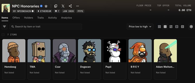 OpenSea NFT collection page for 'NPC Honoraries' by npconchain on Ethereum, displaying 7 items including characters like Hemdawg, TMA, Czar, Dogacan, Papii, BREY, and Adam Weltsman.