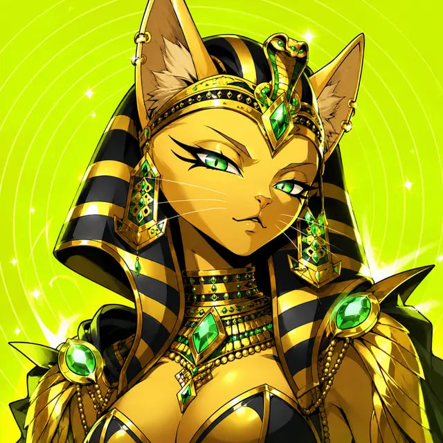 An anime-style illustration of an Egyptian cat-like character with green eyes, wearing ornate gold and black striped pharaoh attire adorned with green gemstones against a green background.