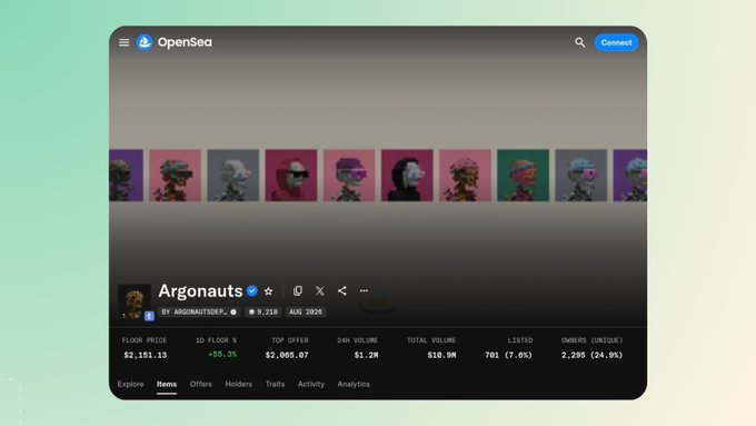 An OpenSea NFT collection page for "Argonauts" by ARGONAUTSDEPLOY showing a floor price of $2,151.13, with a banner of pixel-art character thumbnails.