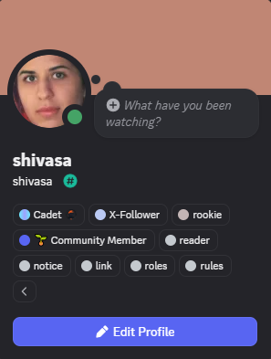 A Discord-like profile screen for user 'shivasa' with a status prompt 'What have you been watching?' and tags including Cadet, X-Follower, rookie, Community Member, reader, notice, link, roles, and rules.