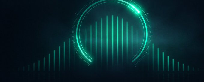 A digital visualization of an audio equalizer or sound waves displayed in teal/cyan vertical bars against a dark background, with a circular ring element.