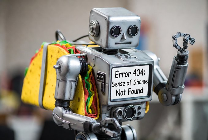 A robot wearing a taco costume with a screen displaying 'Error 404: Sense of Shame Not Found'.
