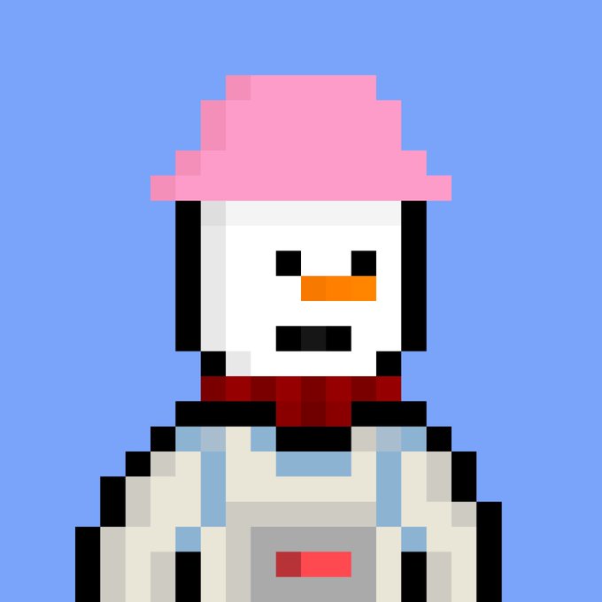 Pixel art of a snowman wearing a pink hat and red scarf against a blue background.